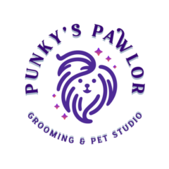 Punky's Pawlor Logo; A drawing of a cute and stylish dog's face with an amazing groom and words "Punky's Pawlor Grooming & Pet Stuudio"